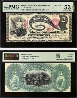 2 Dollars Large Size Note - FR. 391 - 1875 dated Slater National Bank of North Providence - PMG Grade 53 - United States Paper Money