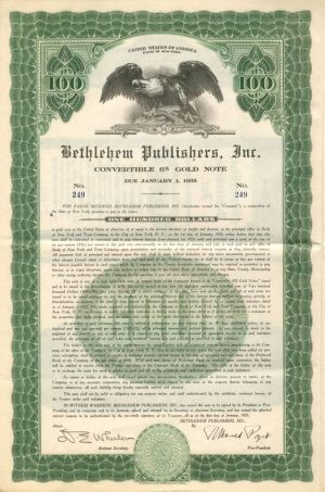 Bethlehem Publishers, Inc. - $100 - Bond (Uncanceled)