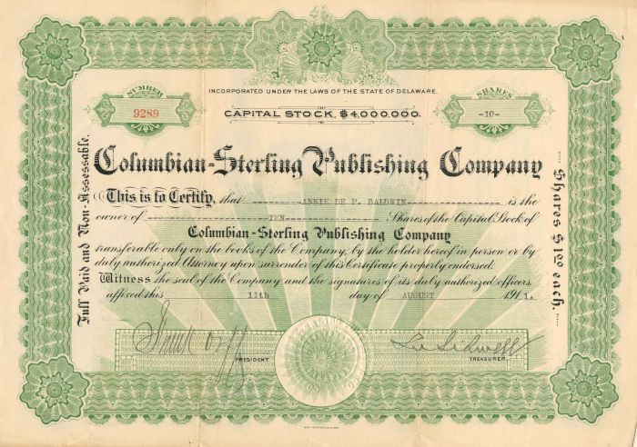 Columbian-Sterling Publishing Co. - Stock Certificate