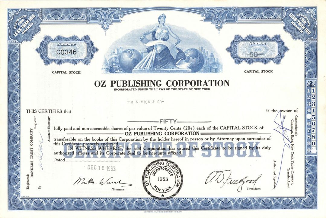 Oz Publishing Corp. - Stock Certificate