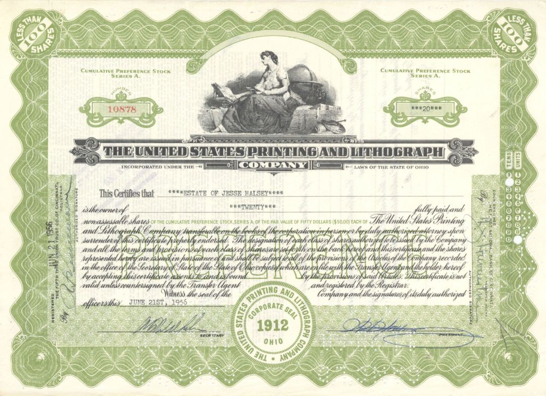 United States Printing and Lithograph Co. - 1956 dated Stock Certificate