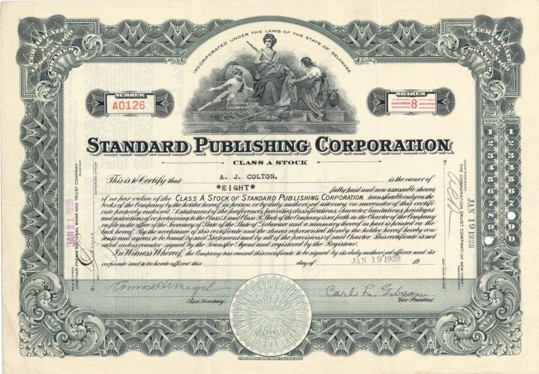 Standard Publishing Corp. - 1928 dated Stock Certificate