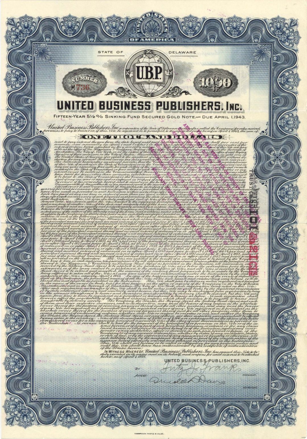 United Business Publishers, Inc. - 1928 dated $1,000 Bond