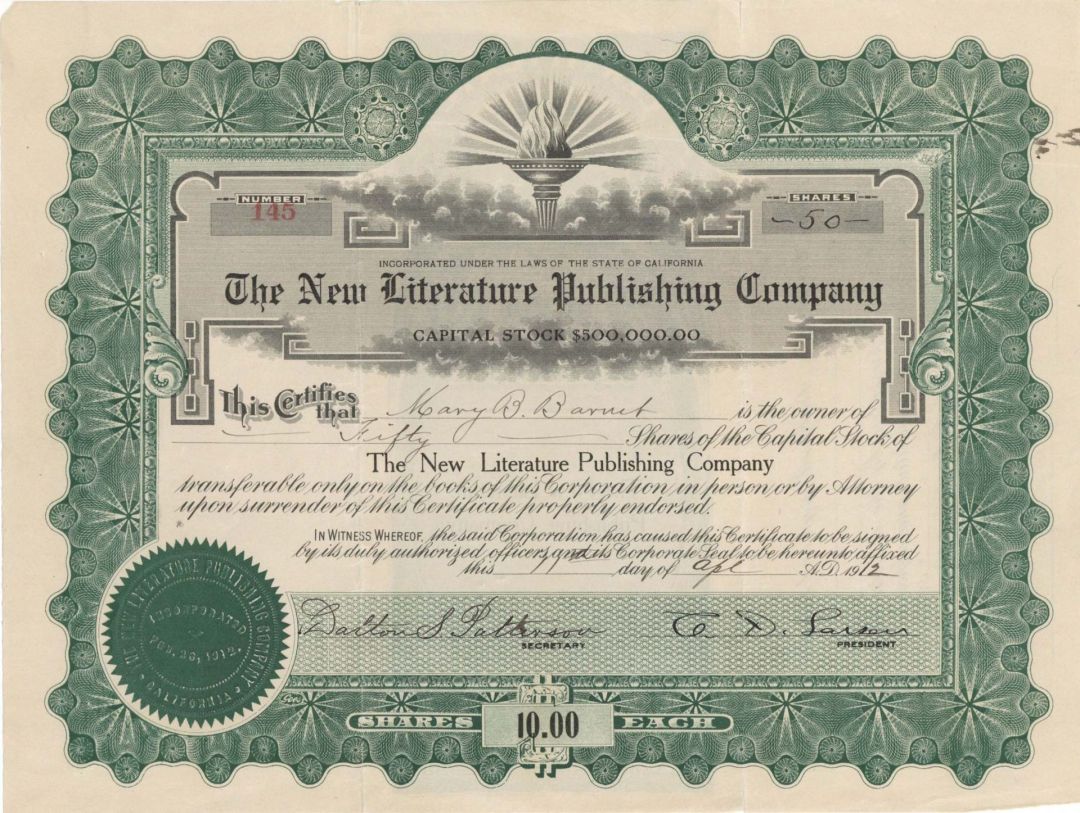 New Literature Publishing Co. - 1912 dated Stock Certificate