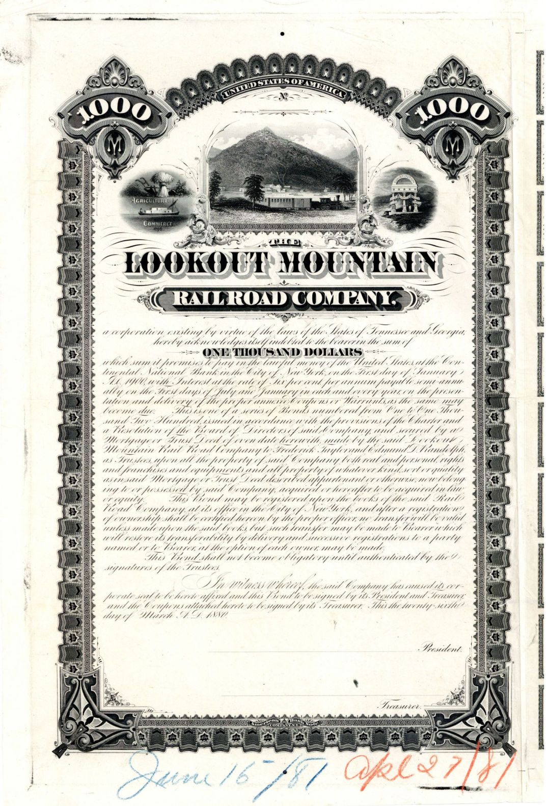 Lookout Mountain Railroad Co. - 1880 dated Railway Bond Proof - Fantastic Design