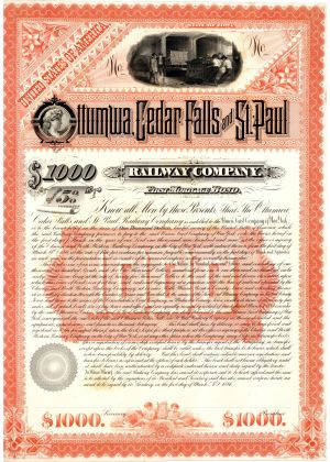 Ottumwa, Cedar Falls and St. Paul Railway Co. Proof dated 1884 - Railroad Bond Proof - Gorgeous