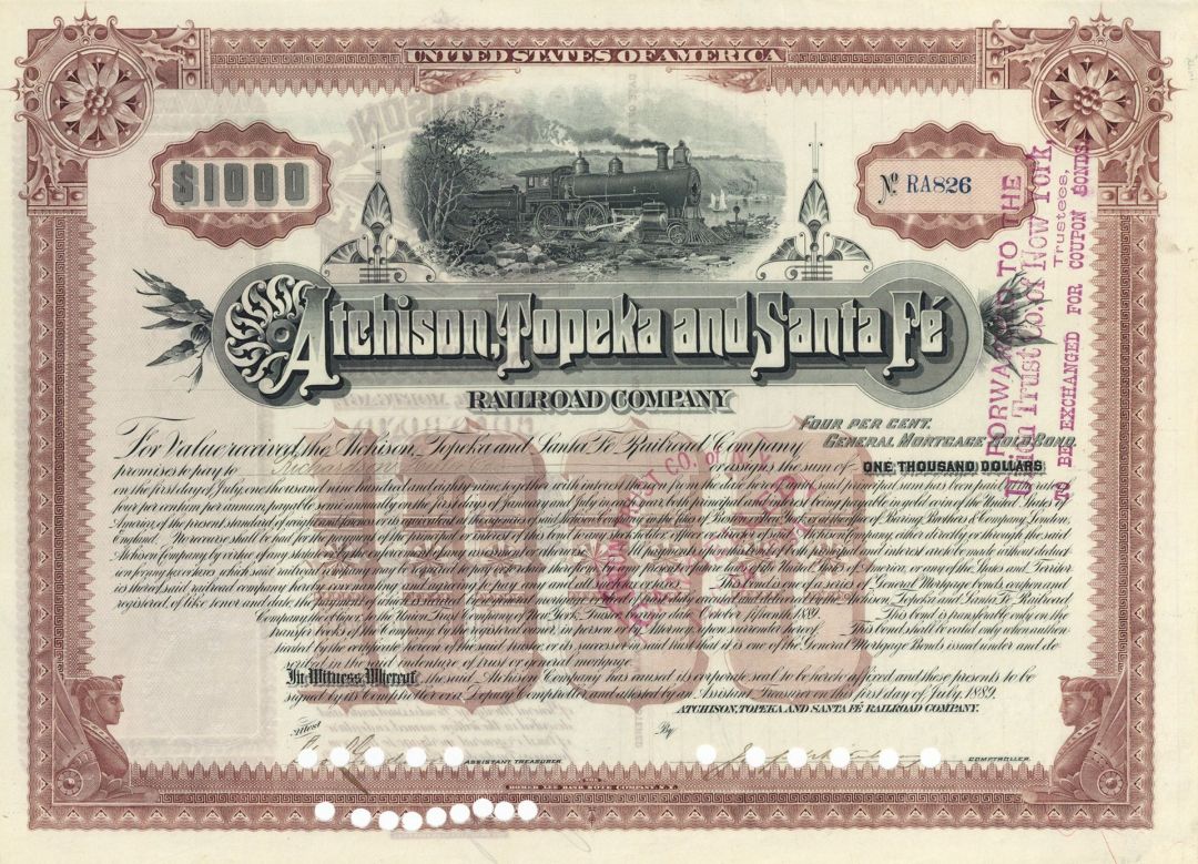 Atchison, Topeka and Santa Fe Railroad Co. - 1889 dated $1,000 Kansas Railway Bond