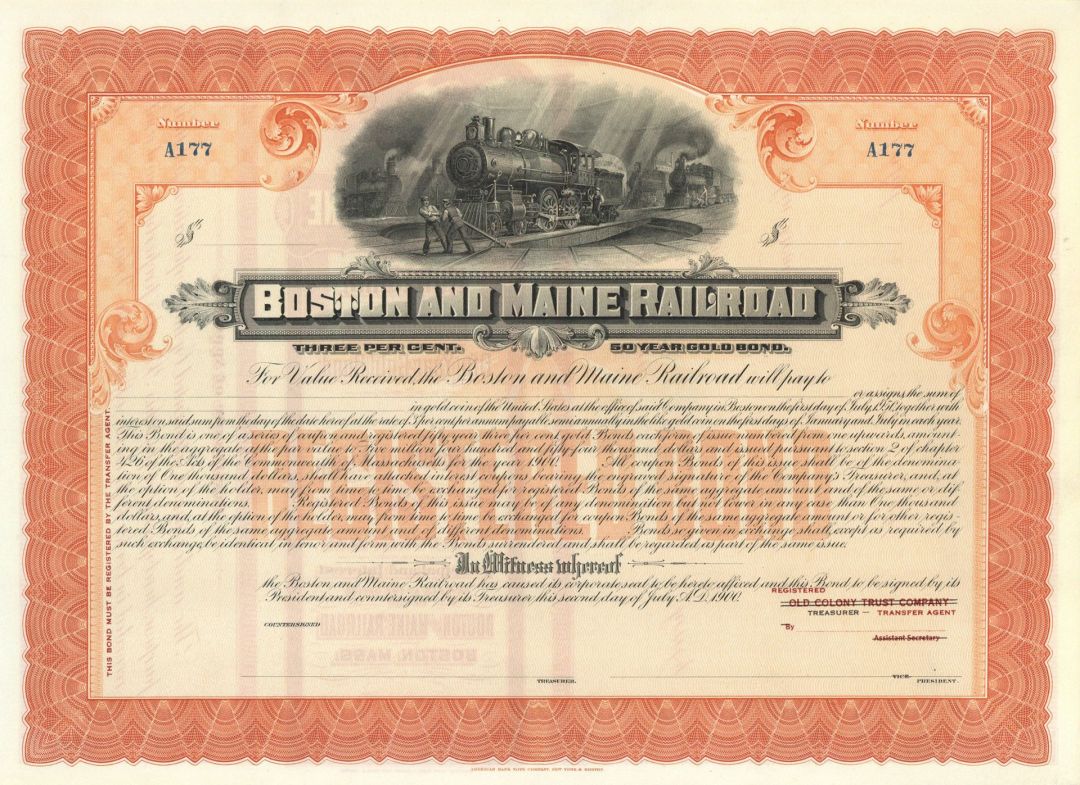 Boston and Maine Railroad - 1900 dated Unissued Railway Gold Bond - Beautiful Train Vignette