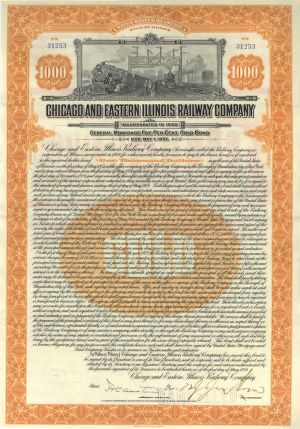 Chicago and Eastern Illinois Railway Co. - 1921 dated $1,000 Railroad Gold Bond