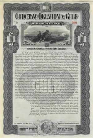 1902 dated Choctaw, Oklahoma and Gulf Railroad Co. Gold Bond - 3 Full Pages of Coupons & Two Indian Vignettes - Unissued $1,000 Railway Gold Bond