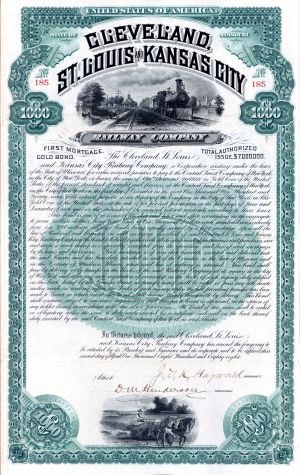 Cleveland, St Louis and Kansas City Railway Co. - $1,000 - Bond (Uncanceled) dated 1888