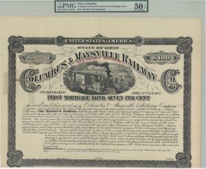 Columbus and Maysville Railway Co. PMG Graded - Southern Division - Unissued 1877 $100 7% Railroad Bond