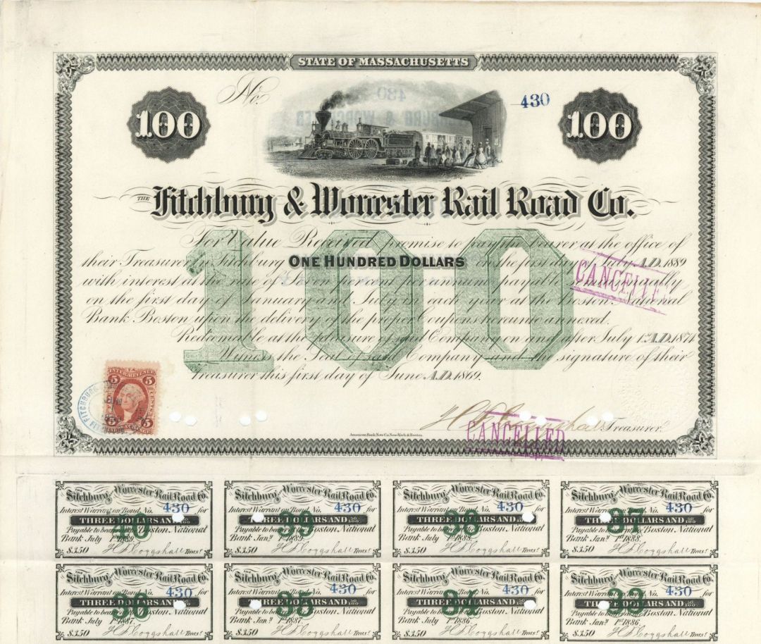 Fitchburg and Worcester Railroad - $100 Bond