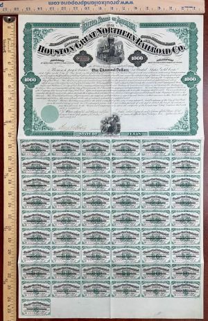 Houston and Great Northern Railroad - 1872 dated Partially Issued $1,000 Railway Gold Bond