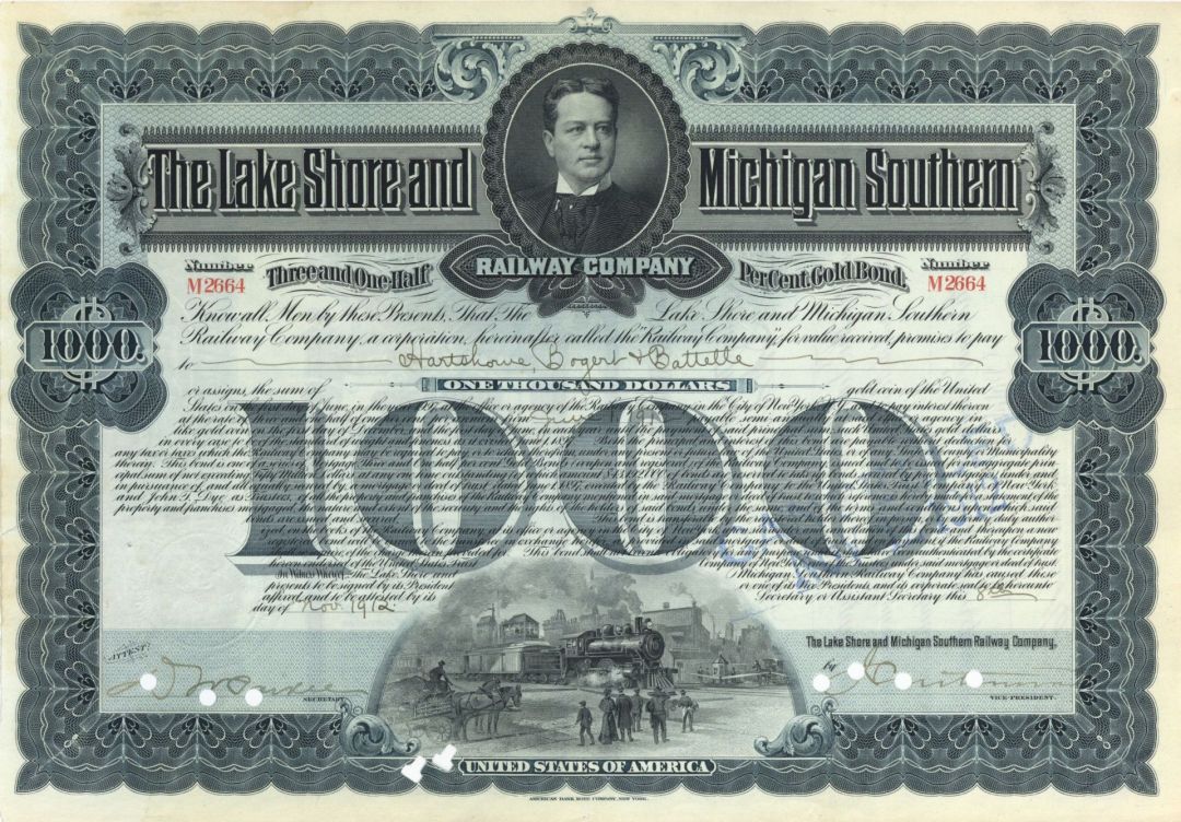 Lake Shore and Michigan Southern Railway Co. - 1900-1930's dated $1,000 Bond