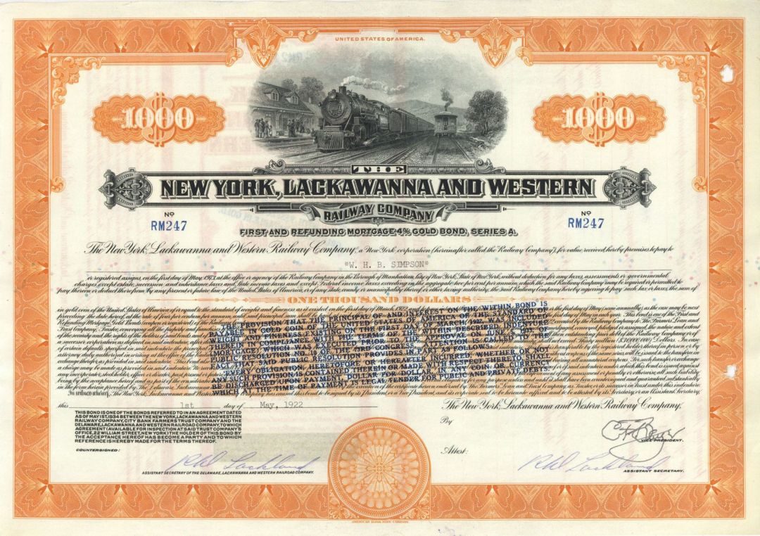 New York, Lackawanna and Western Railway Co. - $1,000 Bond