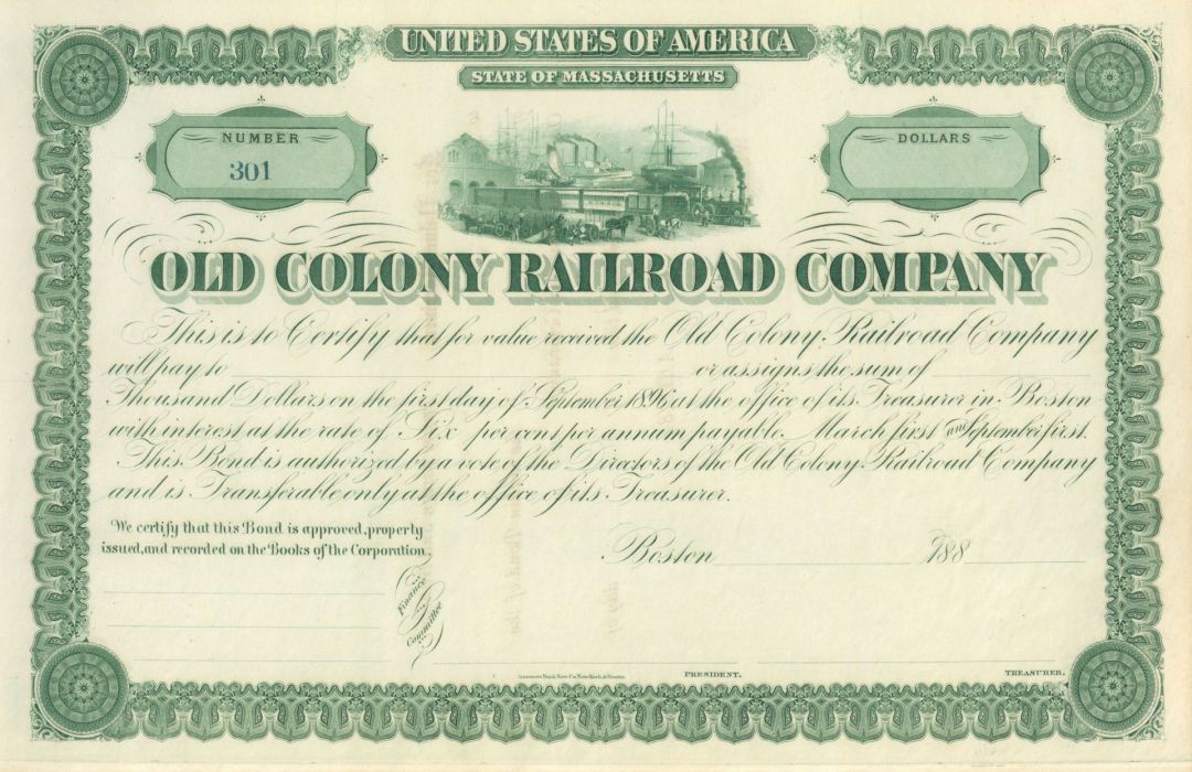 Old Colony Railroad - circa 1880's Unissued Massachusetts Railway Bond