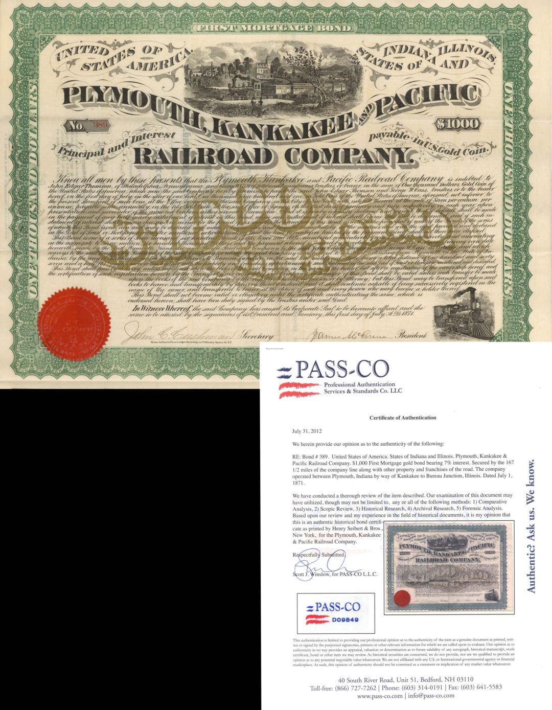 Plymouth, Kankakee and Pacific Railroad Co.  with PASS-CO Authentication - 1871 dated $1,000 Railway Gold Bond (Uncanceled)