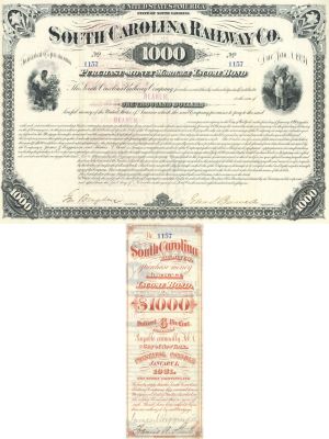 South Carolina Railway Co. - 1881 dated $1,000 Railroad Bond - Beautiful Back