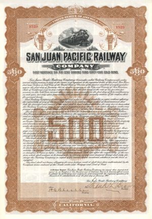 San Juan Pacific Railway Co. - $100 or $500 - Bond (Uncanceled)