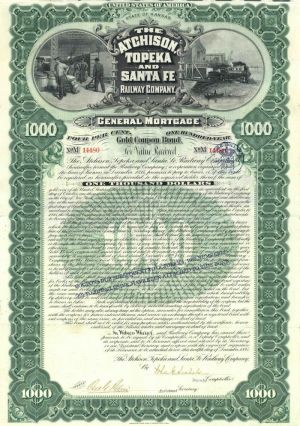 Atchison, Topeka and Santa Fe Railroad Co. - 1895 dated $1,000 Railway Gold Bond - Rare Green Type