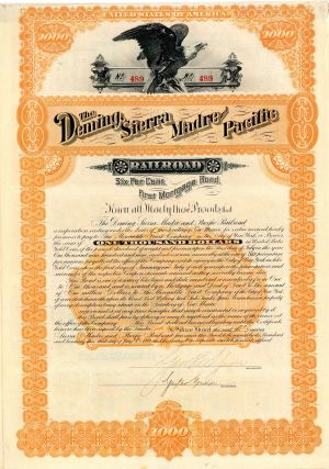 Deming, Sierra Madre and Pacific Railroad Gold Bond - 1889 dated $1,000 6% First Mortgage Railway Uncanceled Bond