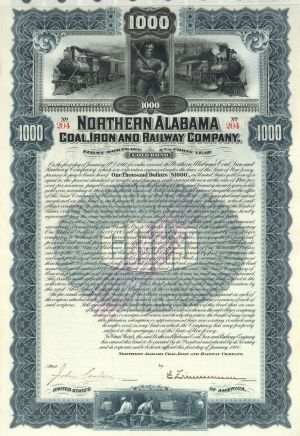 Northern Alabama Coal, Iron and Railway Co. - 1900 dated $1,000 5% Gorgeous Railroad Gold Bond (Uncanceled)