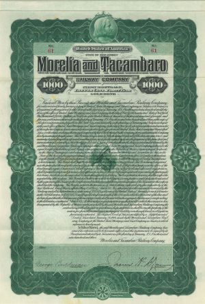 Morelia and Tacambaro Railway - Bond (Uncanceled)