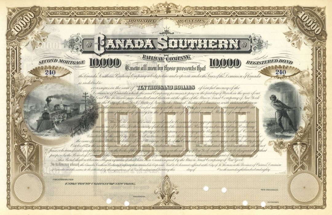 Canada Southern Railway - circa 1880's $10,000 Unissued Canadian Railroad Bond