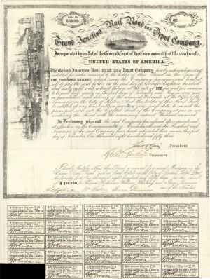 Grand Junction Rail Road and Depot Co. - $1,000 1853 dated Bond (Uncanceled)