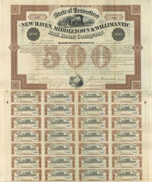 New Haven, Middletown and Willimantic Railroad - 1871 Railway 7% Mortgage Bond (Uncanceled)