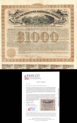 Poughkeepsie, Hartford and Boston Railroad Co. PASS-Co Authenticated - 1875 dated Railway Bond (Uncanceled)