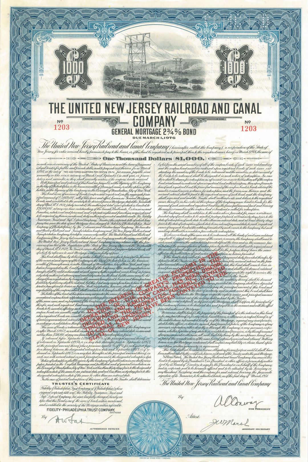 United New Jersey Railroad and Canal Co. - 1951 dated Railway Bond