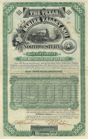 Texas Sabine Valley and Northwestern Railway - 1888 dated Texas $1,000 Railroad Bond