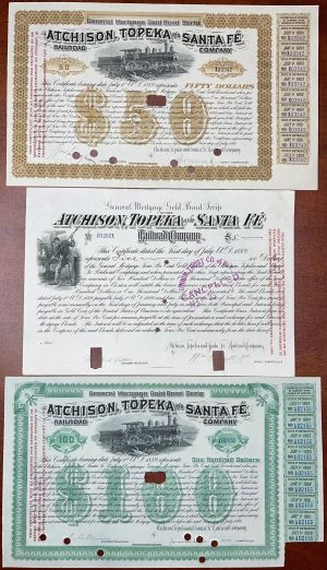 1880-90's dated Group of 3 Bonds - Atchison, Topeka and Santa Fe Railroad - Three Railway Items