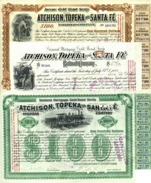 Group of 3 Bonds - Atchison, Topeka and Santa Fe Railroad - Three Items dated 1880-90's