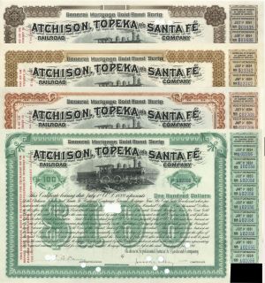 Collection of Four Different Bonds of the Atchison, Topeka and Santa Fe Railroad - 1890's dated Collection of 4 Bonds