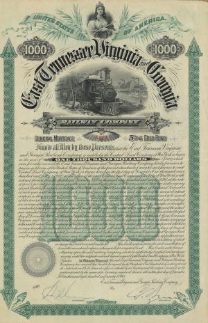 East Tennesse, Virginia and Georgia Railway - 1890 dated $1,000 Railroad Gold Bond (Uncanceled)