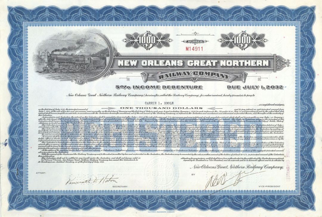 New Orleans Great Northern Railway - 1933 dated Louisiana Railroad Bond