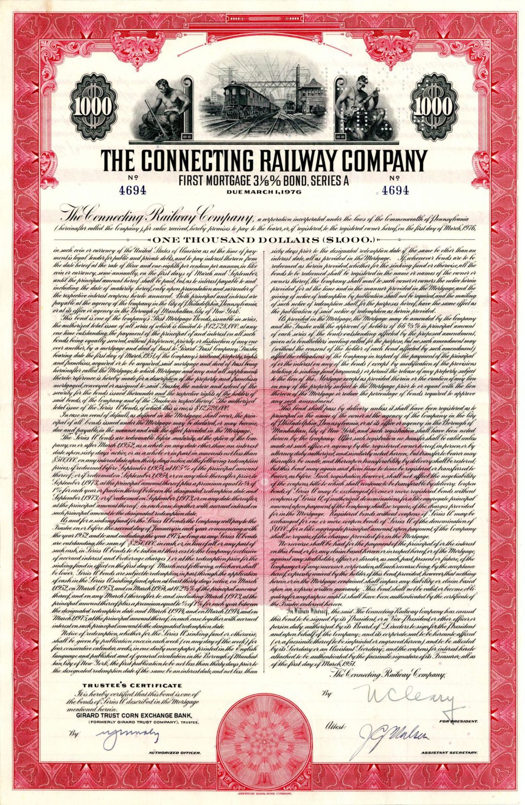 Connecting Railway Co. - 1951 $1,000 Bond