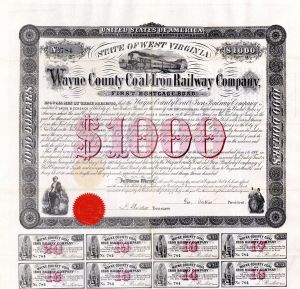 Wayne County Coal and Iron Railway Co. (Uncanceled) - $1,000 Bond