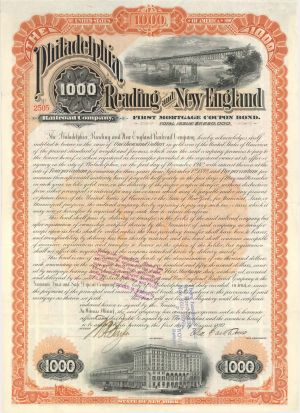 Philadelphia, Reading and New England Railroad Co. - 1892 dated $1,000 Railway Bond (Uncanceled)