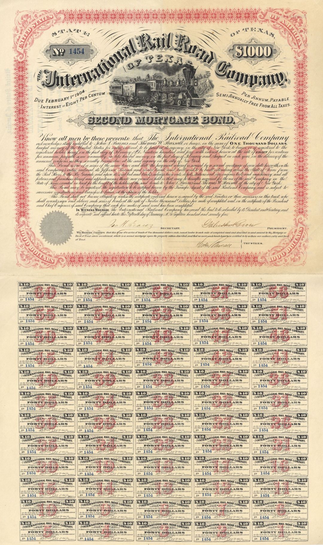 International Rail Road Co. of Texas - 1874 dated $1,000 Uncanceled Texas Railway Bond signed Twice by Galusha Grow