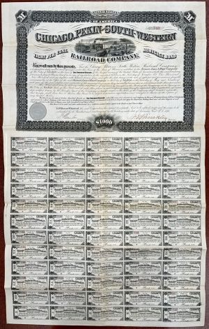 Chicago, Pekin and South-Western Railroad Co. - 8% $1,000 Railway Mortgage Bond (Uncanceled) - Part of the Atchison, Topeka and Santa Fe Railroad System