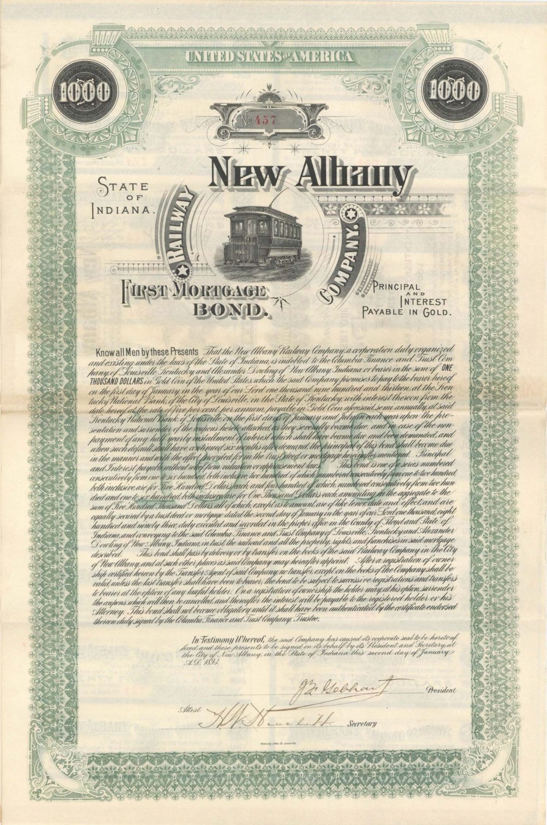 New Albany Railway Co. (Uncanceled) - 1893 dated $1,000 Bond