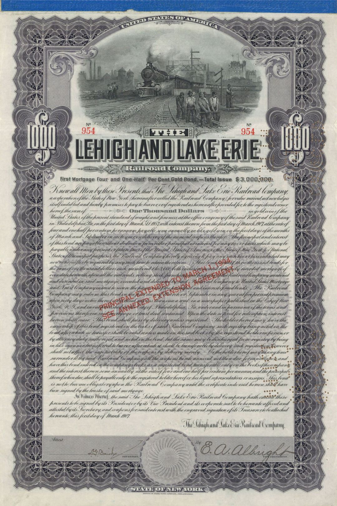 Lehigh and Lake Erie Railroad Co. - $1,000 Bond