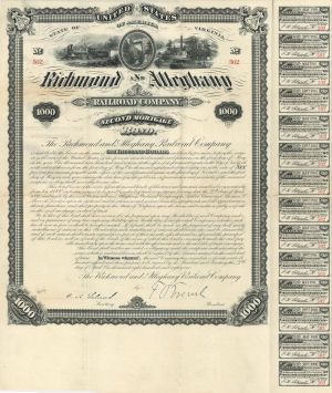 Richmond and Alleghany Railroad Co. - 1881 dated $1,000 Bond