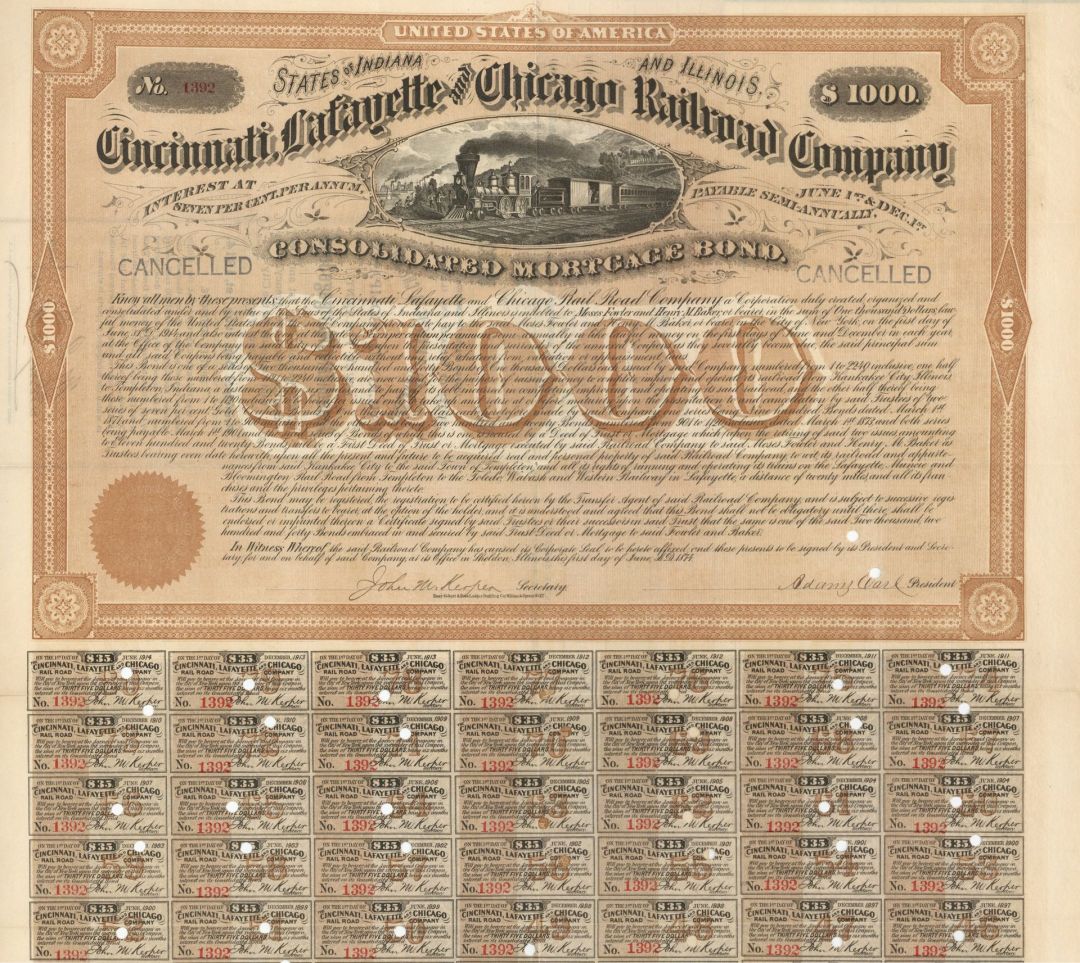 Cincinnati, Lafayette and Chicago Railroad Co. - 1874 dated $1000 Bond