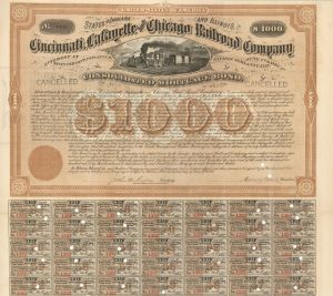 Cincinnati, Lafayette and Chicago Railroad Co. - 1874 dated $1000 Bond