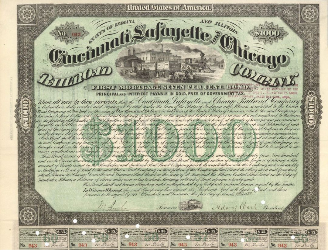 Cincinnati, Lafayette and Chicago Railroad Co. - $1,000 1873 dated Bond